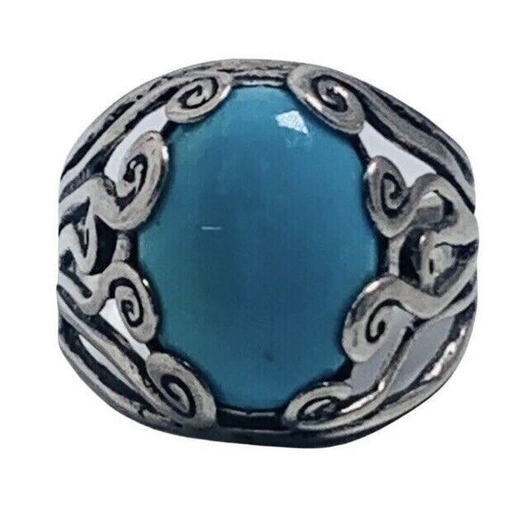 Blue Turquoise 925 Sterling Silver Ring Size 10 Firoza Israel Cabochon - Picture 12 of 16